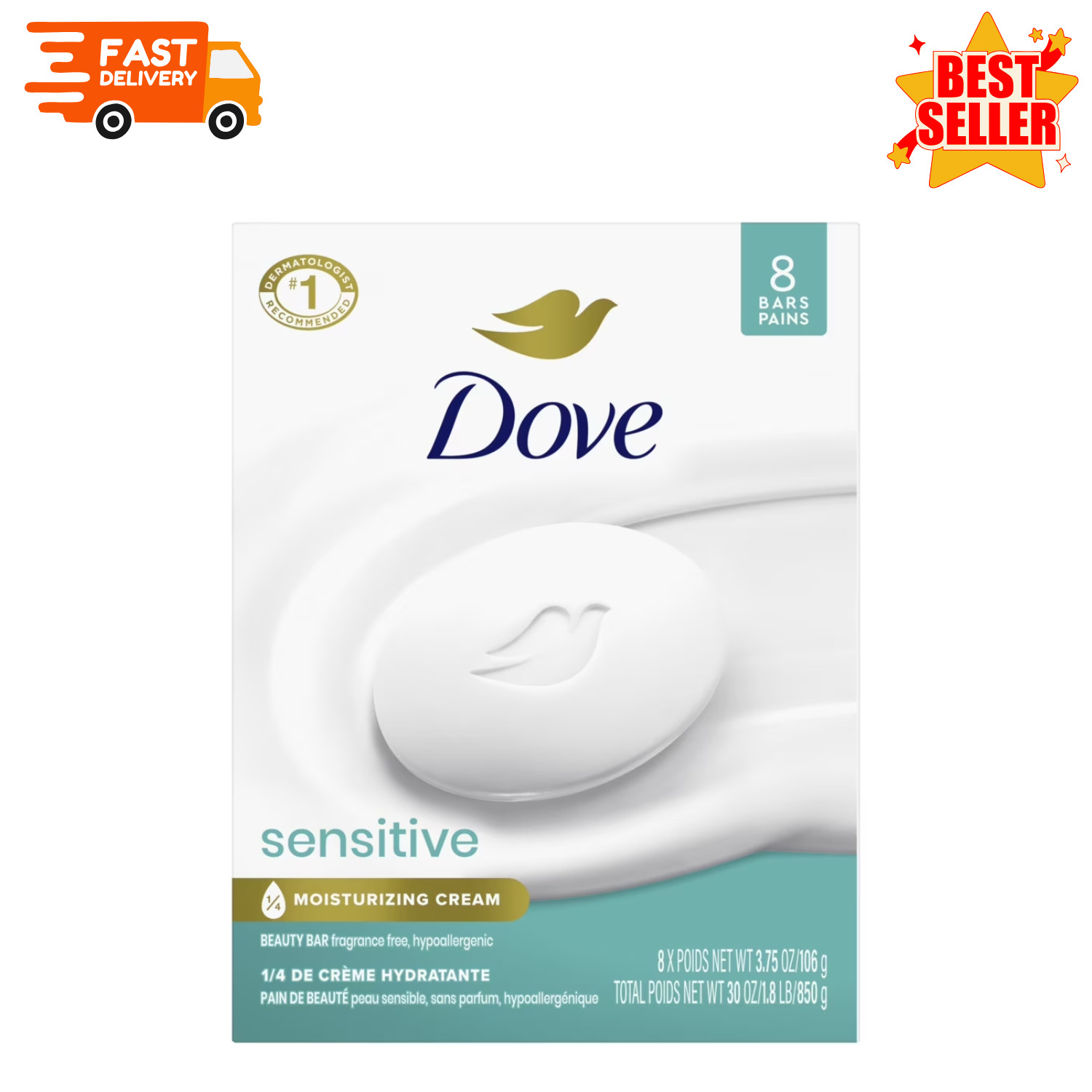 Dove Beauty Bar Soap Sensitive Skin Care Hypoallergenic 3.75oz 8 Bars Boxed