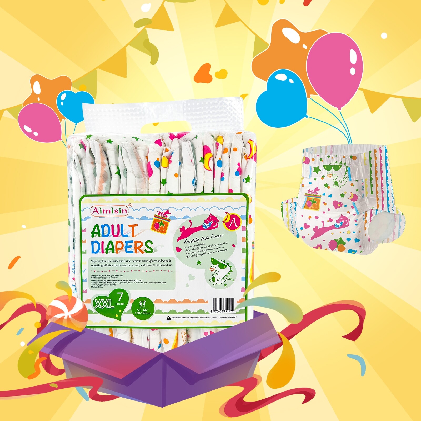Aimisin Adult Diaper for Men Women, 7pcs Colorful Unique Print Adult Diapers