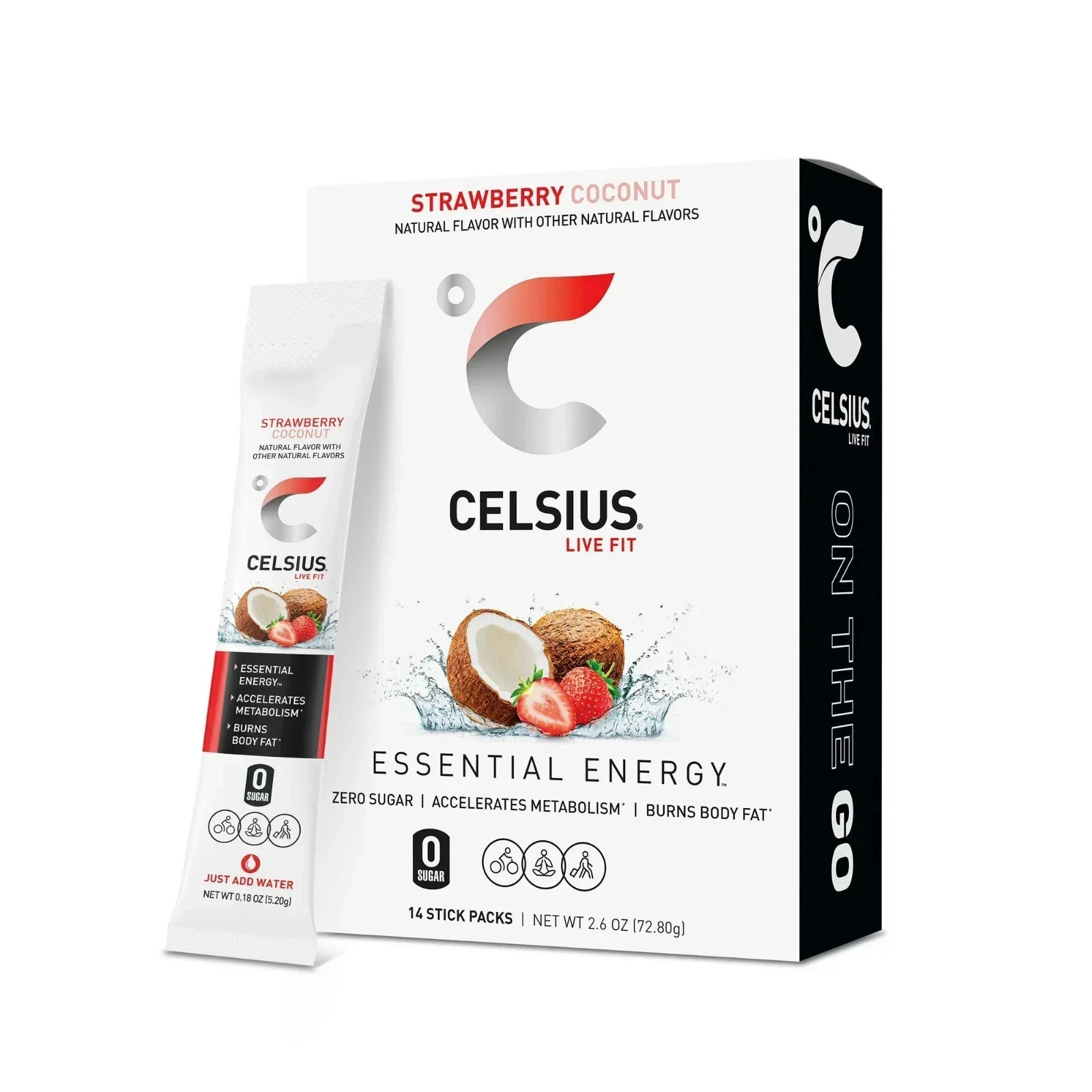 CELSIUS On The Go Energy Drink Mix, Strawberry Coconut (14 Stick Pack). New