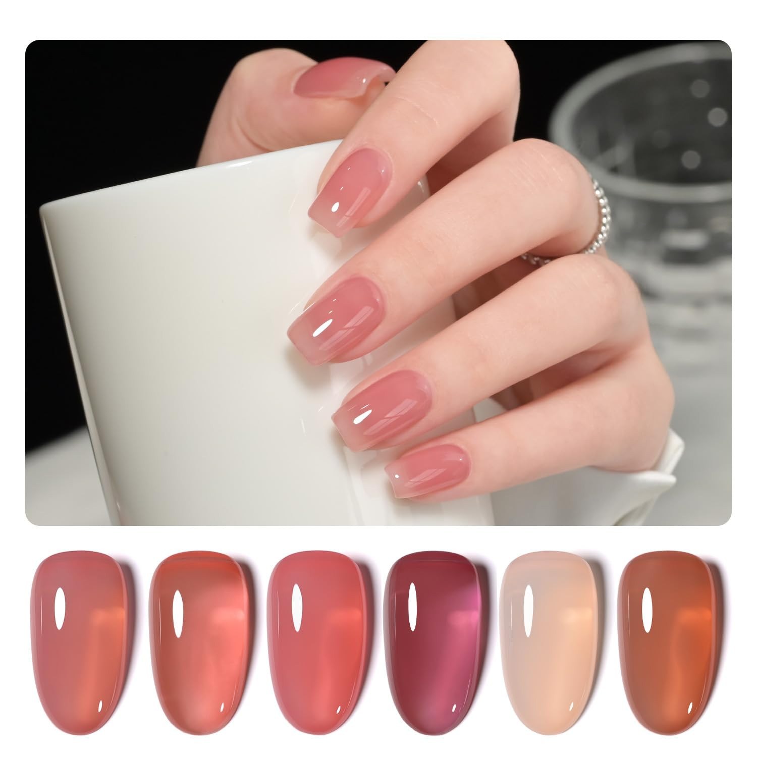 Jelly Burgundy Gel Nail Polish Set, 6 Transparent Colors Red Pink Brown Nude Soa