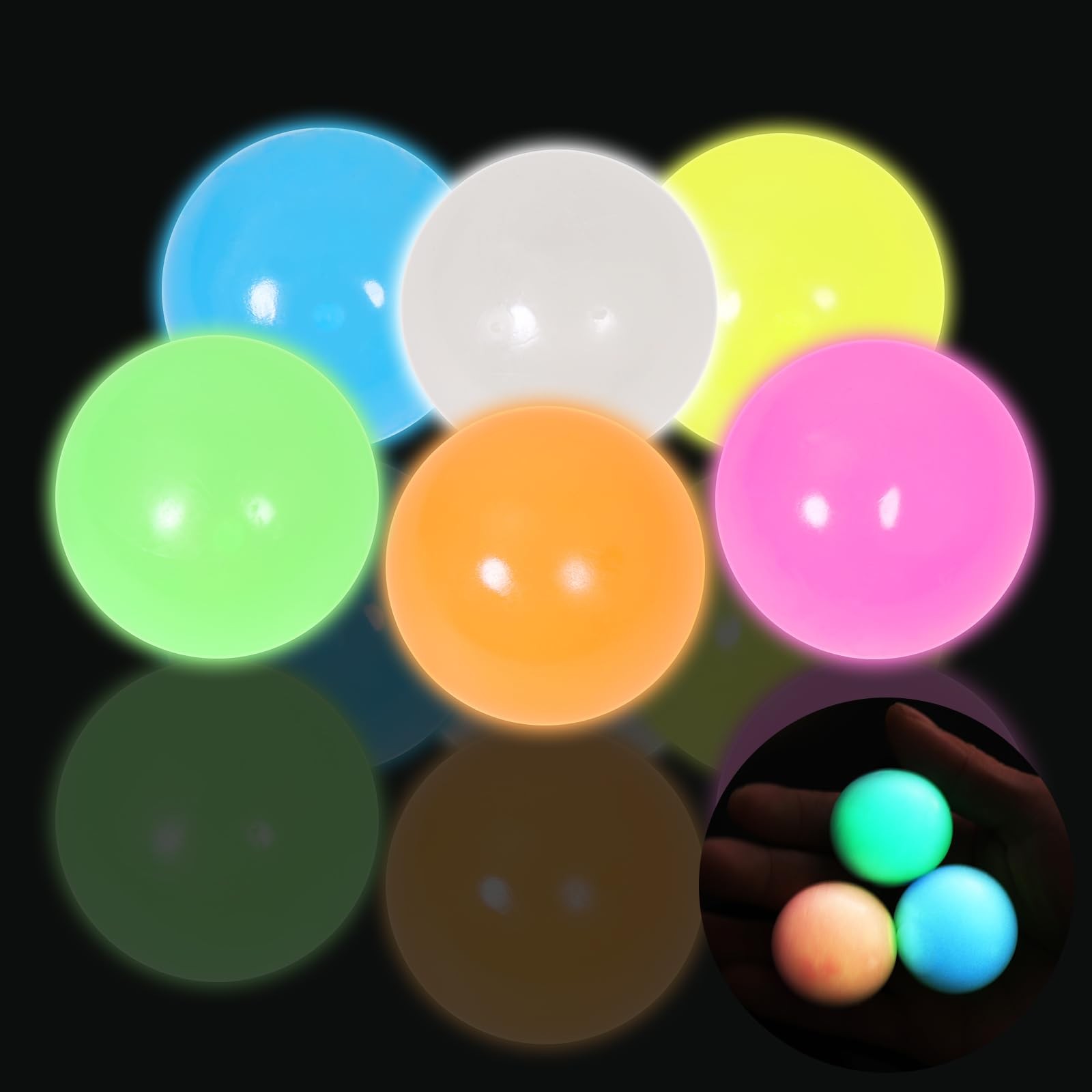 6pack-2.4in Dream Balls,Glow in The Dark Sticky Balls That Stick to The