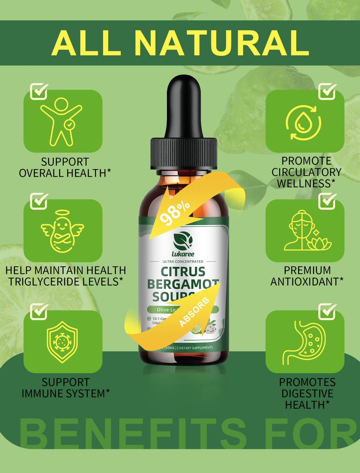 Organic Citrus Bergamot Bergamia Extract 1000 mg Liquid Drops 60ml Soursop