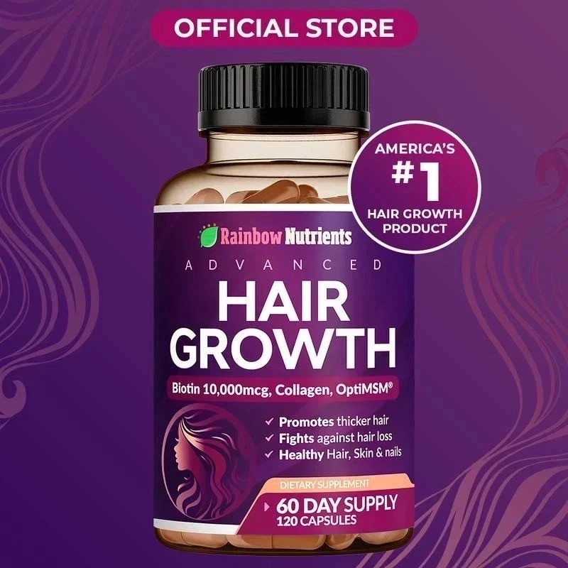 Rainbow Nutrients Hair Growth Formula – Biotin 10,000mcg & Collagen, 3-Pack