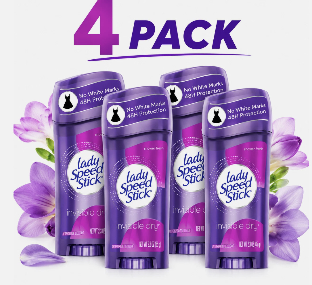 4 Pack – Lady Speed Stick Invisible Dry, Shower Antiperspirant Deodorant, 2.3oz