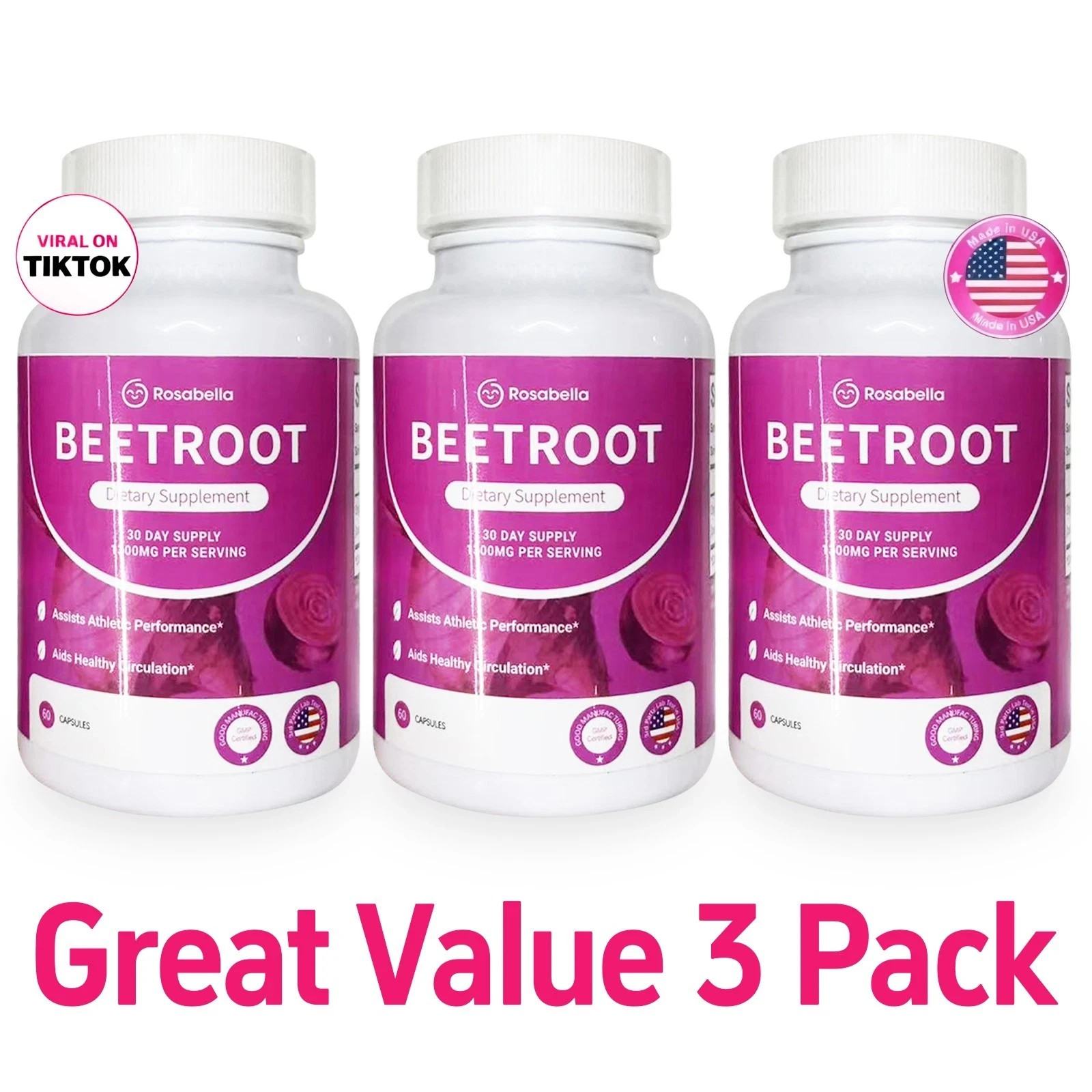 3PCS Rosabella Organic Beet Root 60 CapsulesNatural Energy Boost Blood Pressure