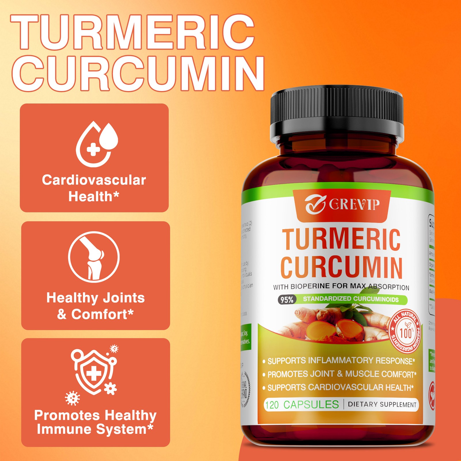 Turmeric Curcumin Supplement 120pcs – Improves Digestion and Absorption, Non-GMO