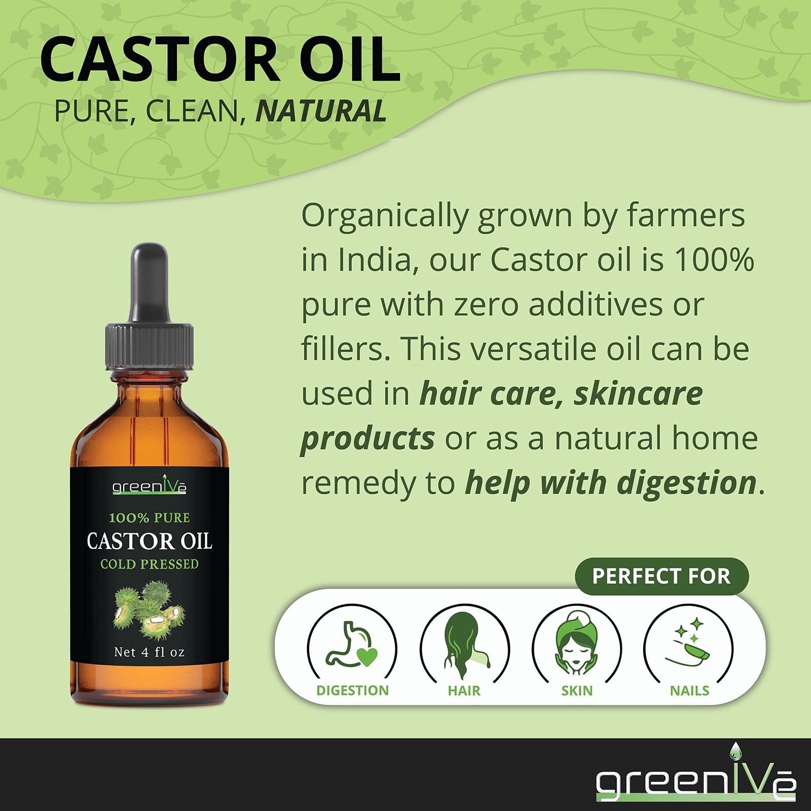 GreenIVe 100% Pure Castor Oil 4oz Cold Pressed Hexane Free Glass Bottle