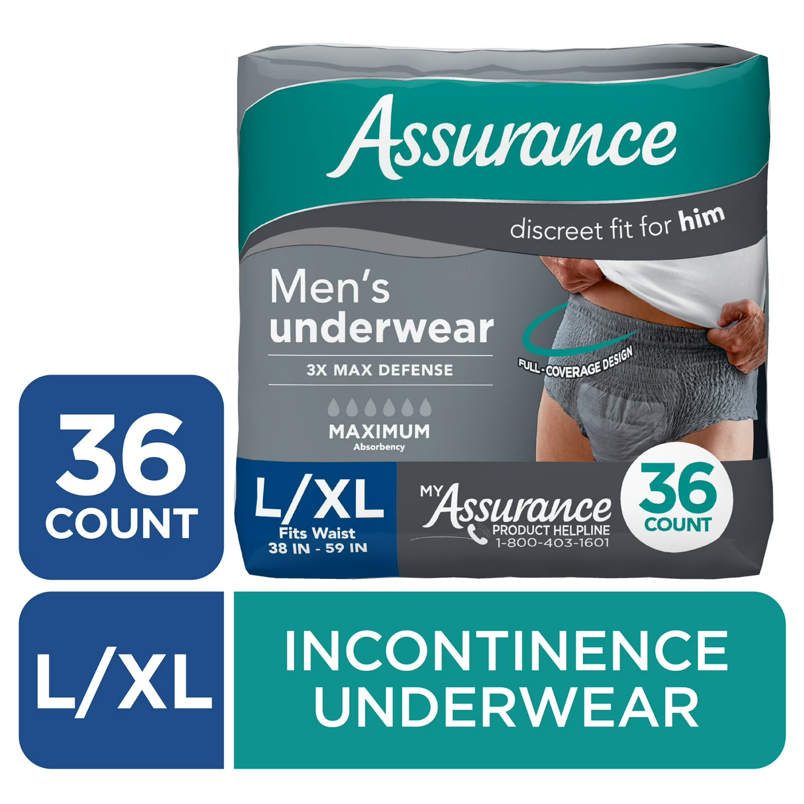 Assurance Men’s Incontinence Underwear, L/XL , Maximum Absorbency (36 Count)