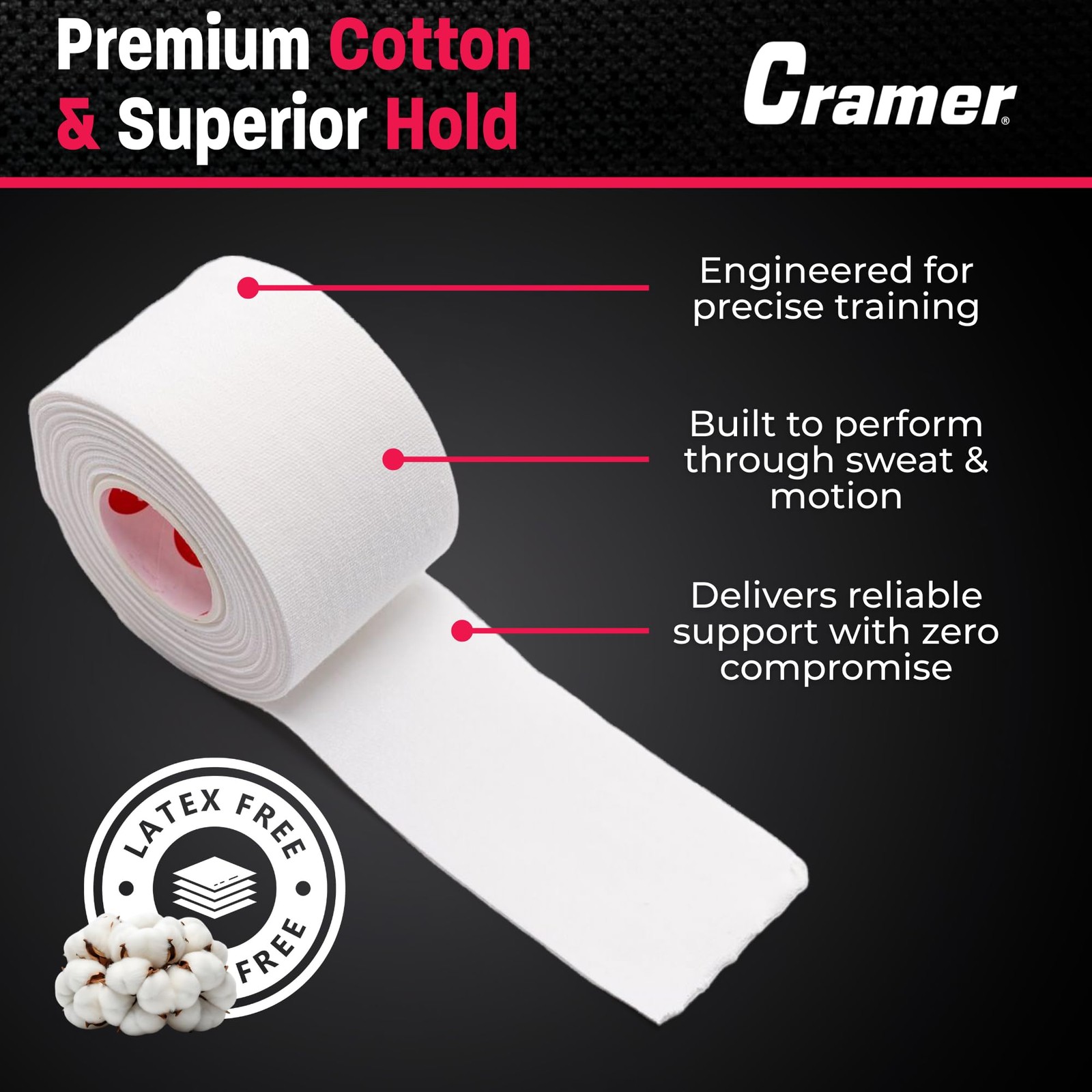 Cramer Team Color Athletic Tape, White, Latex-Free, 1.5 x 15yds, 32 Roll Bulk