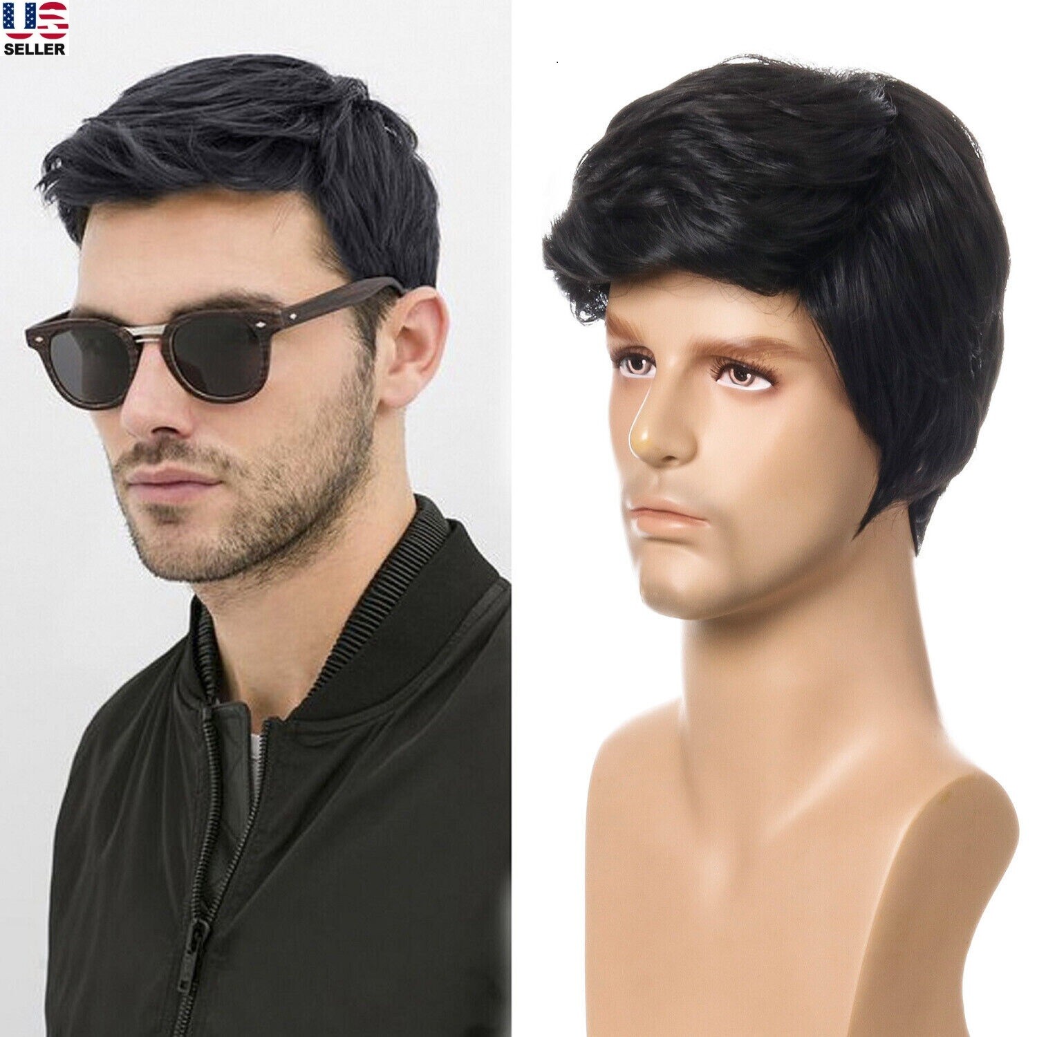 Handsome Adult Men Short Wavy Wig Natural Black Cosplay Party Layered Full Hair