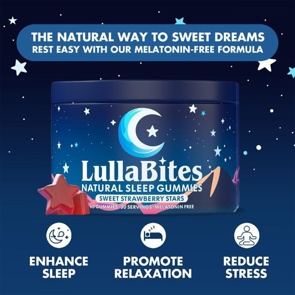 3PCS-NEW LullaBites Natural Sleep Gummies Strawberry Stars Flavor 60 Gummies