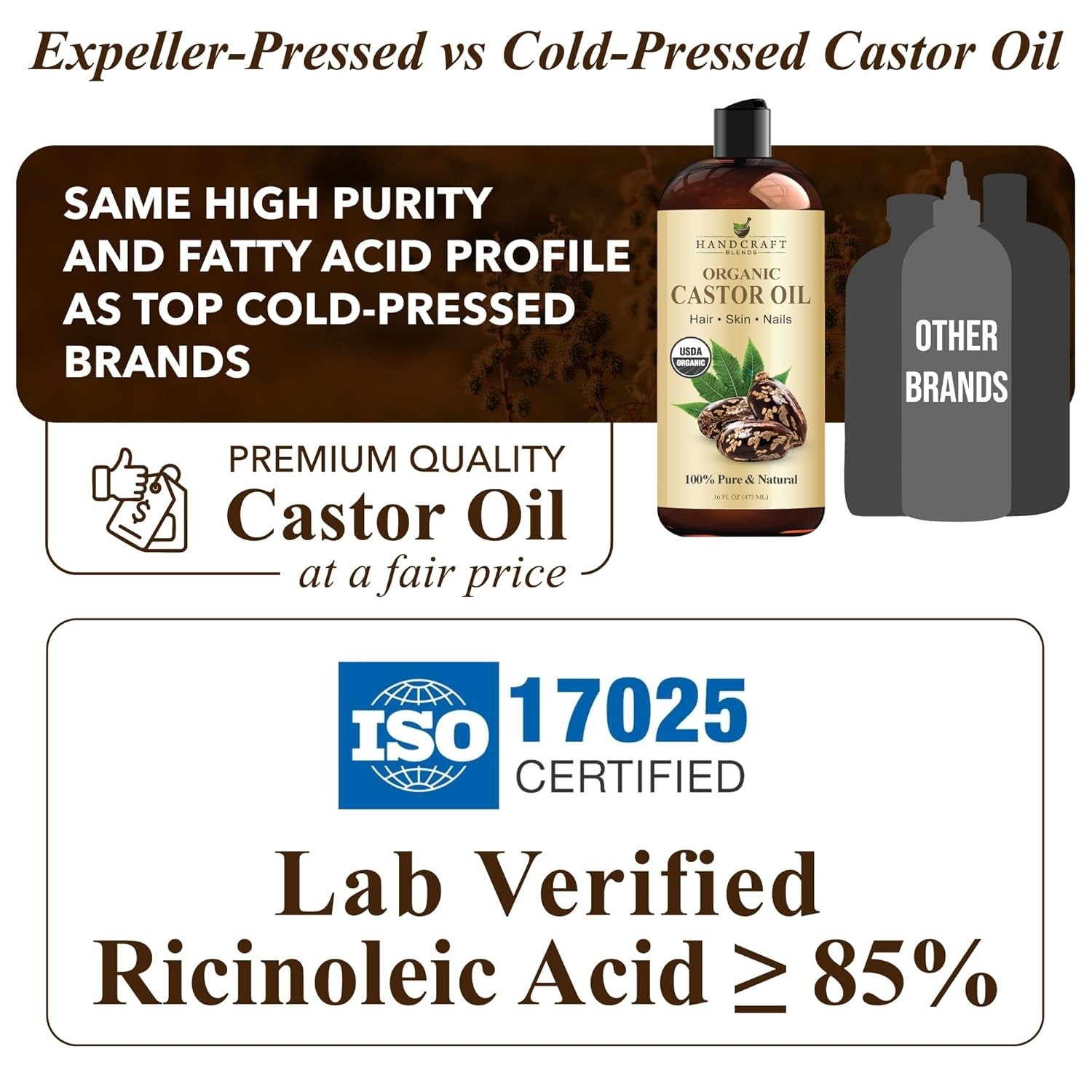 Premium Organic Castor Oil 100% Pure and Hexane-Free Cold-Pressed Beauty 16 fl.