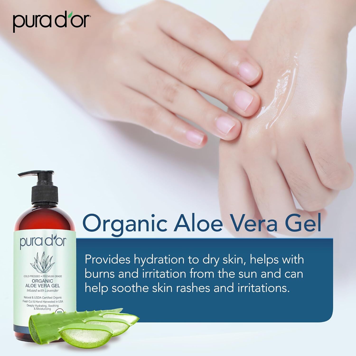 PURA D’OR Dor Organic Aloe Vera Gel 16oz Original Lavender for Face, Skin & Hair
