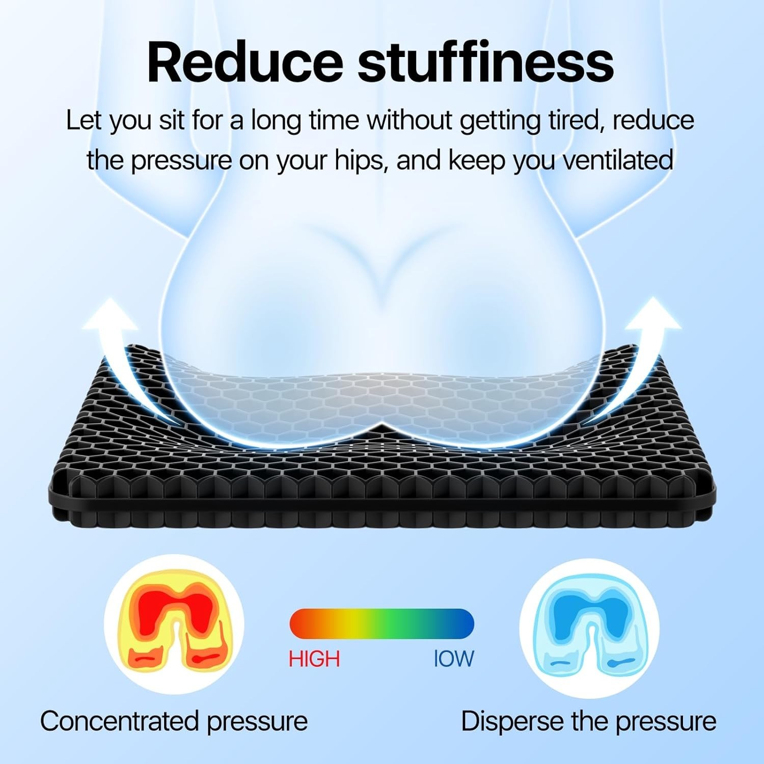 Black Gel Seat Cushion 18.9×17.7×1.6in, Breathable, Double-Layer Design