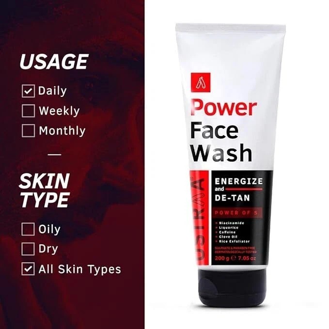 Ustraa Power Face Wash Energize and De-Tan – 100g No Parabens, No Silicone