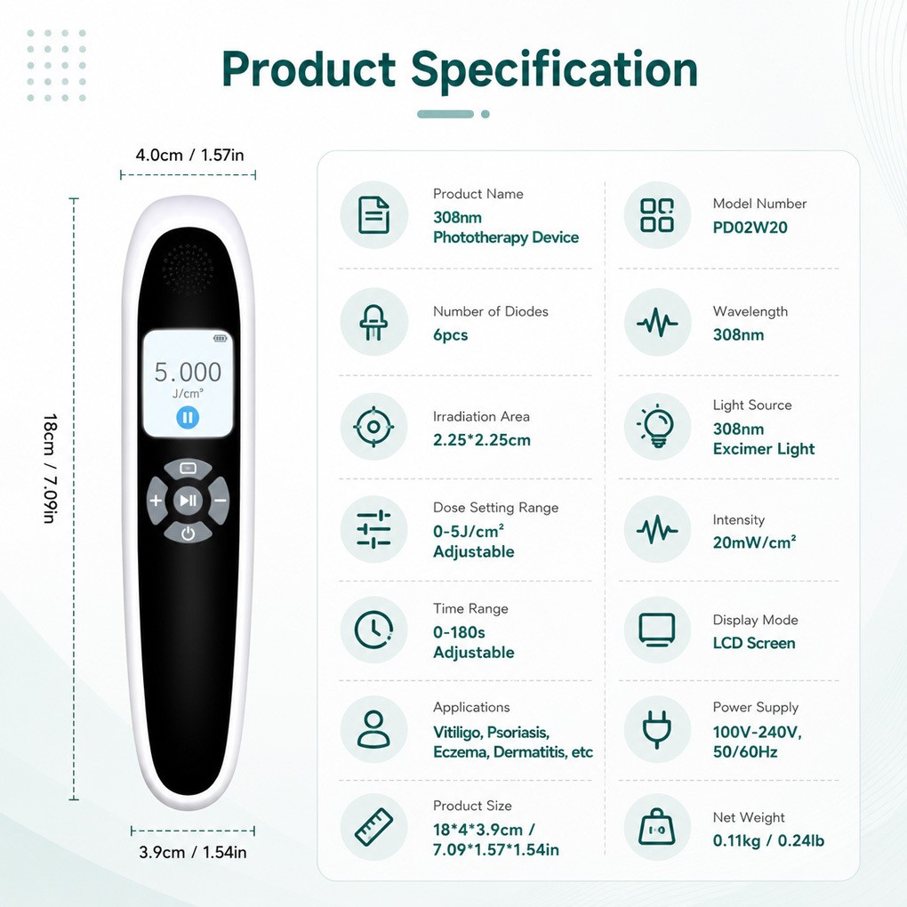 Compact 308nm UVB Light 6 Diodes 20mW/cm² for Skin Evenness and Healthy Glow