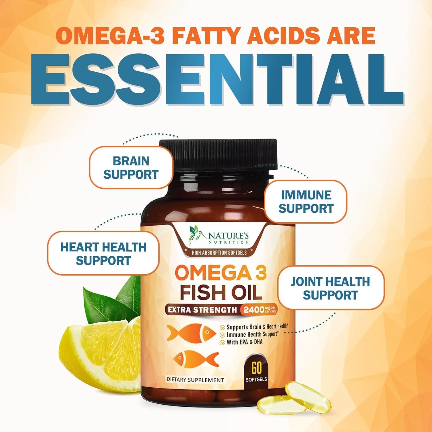 Omega 3 Fish Oil Capsules 3x Strength 2400mg EPA & DHA, Highest Potency