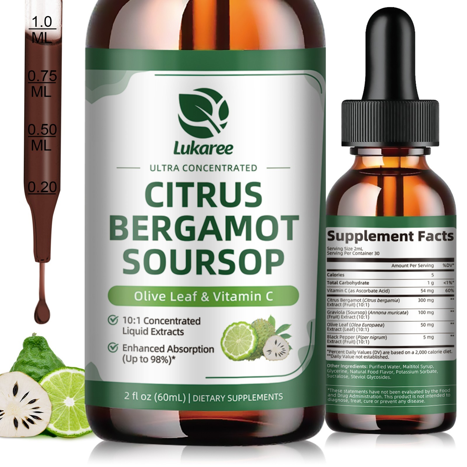 Organic Citrus Bergamot Bergamia Extract 1000 mg Liquid Drops 60ml Soursop