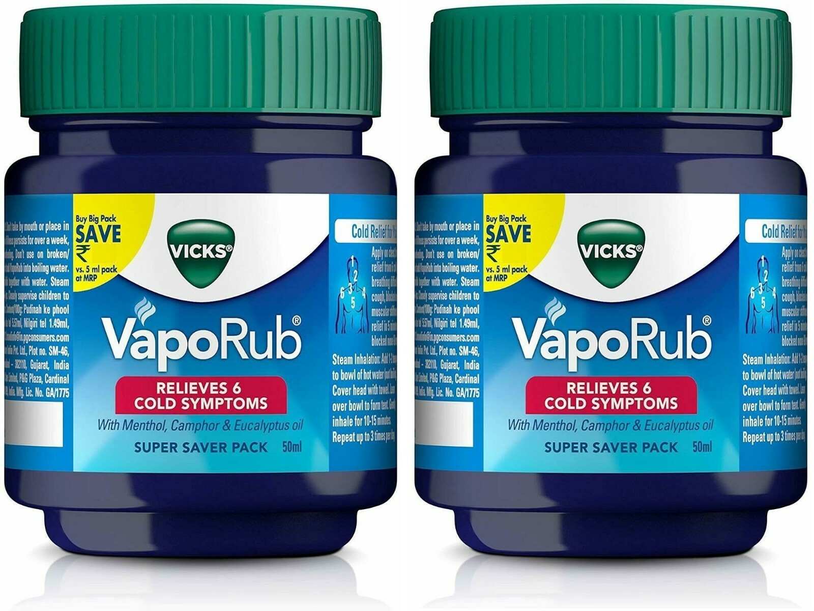2 X Vicks Vaporub Vaporize Blocked Nose Cough Cold Nasal Congestion Headache 50g