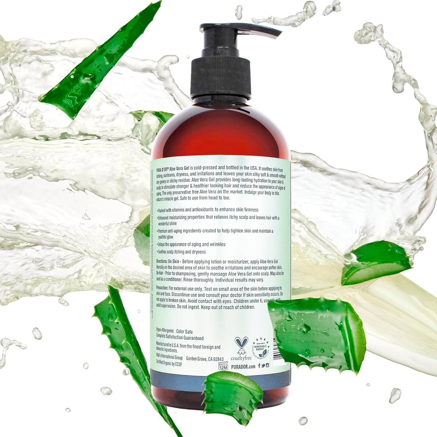 PURA D’OR Dor Organic Aloe Vera Gel 16oz Original Lavender for Face, Skin & Hair