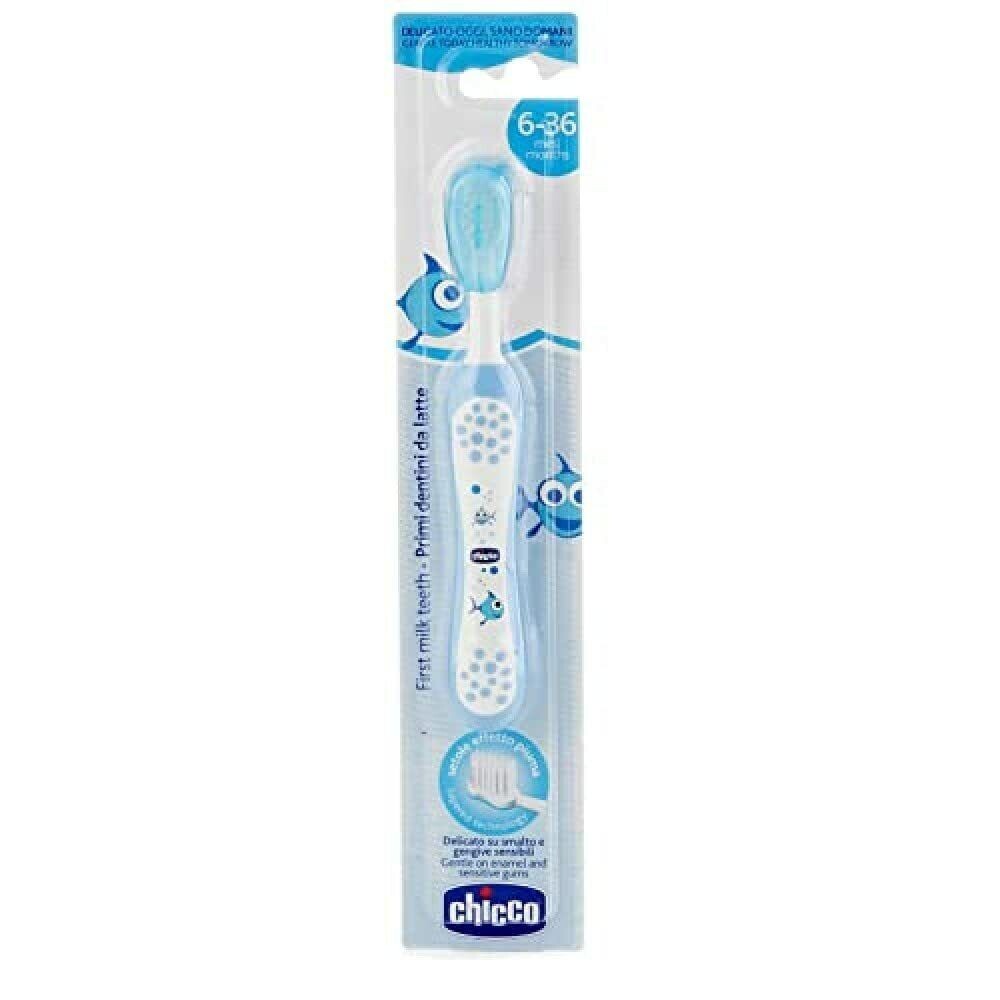 Chicco Blue Toothbrush With Anti-Slip Proof Handle Grip For 6-36 Months Baby