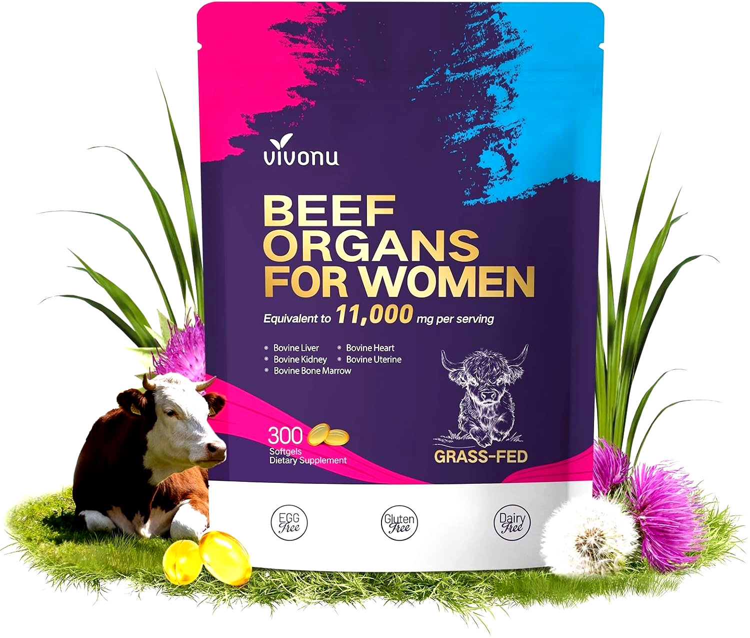 13-in-1 Beef Organ Supplement for Women Balance Hormones, Energy, 300 Softgels