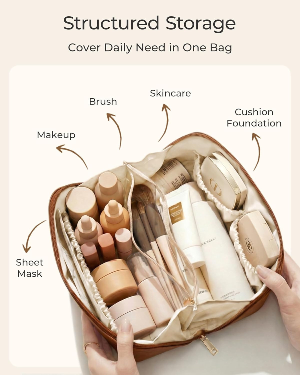 Large Travel Makeup Bag PU Leather Wide Open Cosmetic Organizer Case Brown