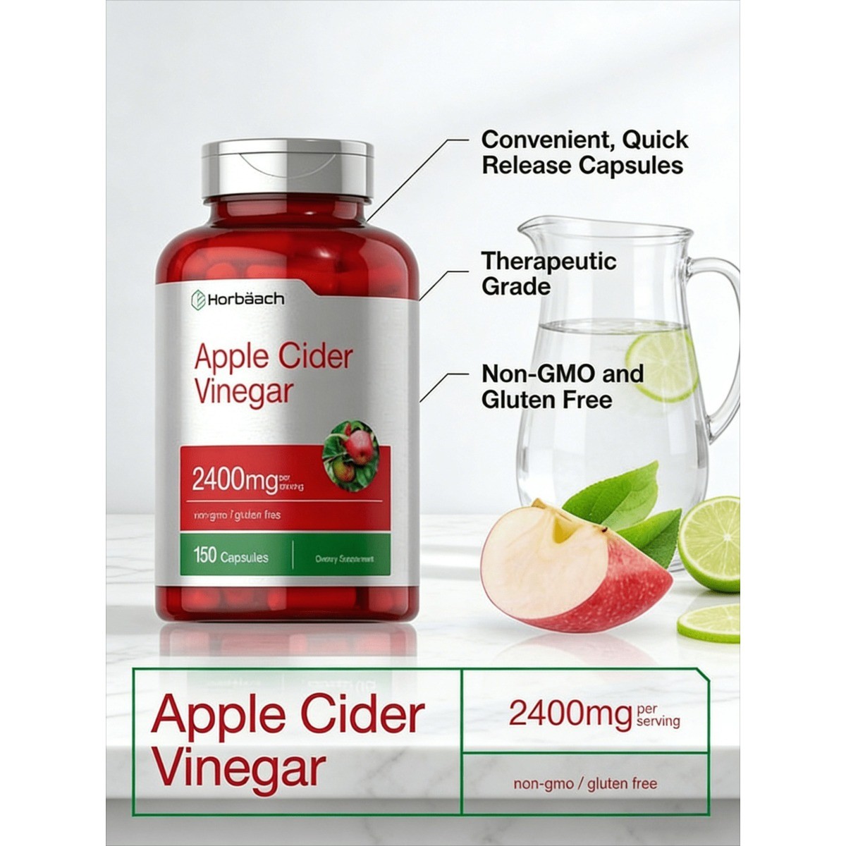 Horbäach Apple Cider Vinegar Capsules 2400mg | 150 Count | Non-GMO -Gluten Free
