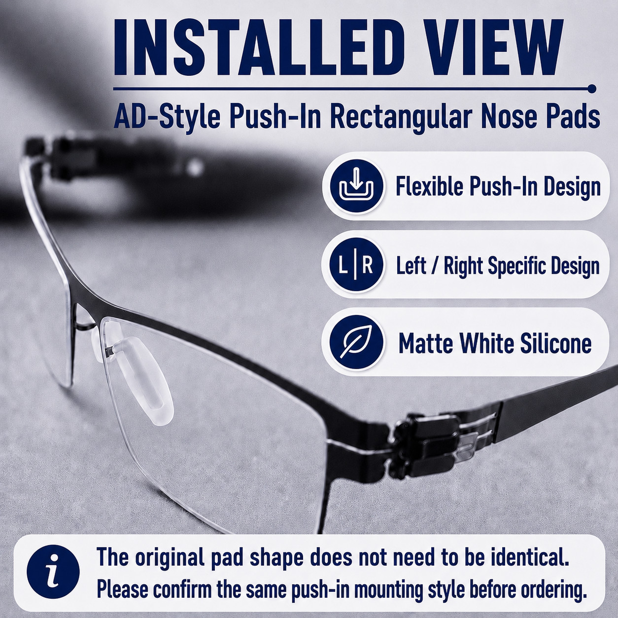 AD-Style Push-In Rectangular Nose Pads Matte White Silicone L/R 3 Pairs