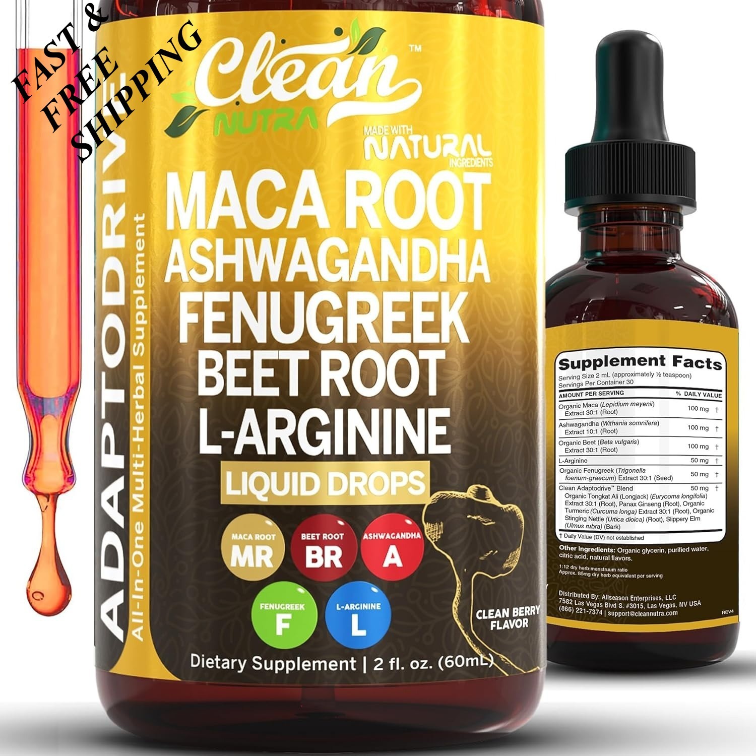 Clean Nutra Organic Maca Root Liquid Drops with Ashwagandha,Fenugreek&Beet Root