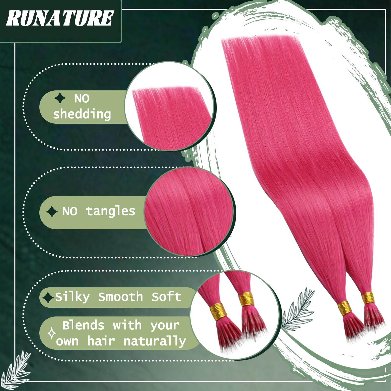 Runature Hot Pink Nano Bead Hair Extensions Human Hair 22 Inch 50G 50S