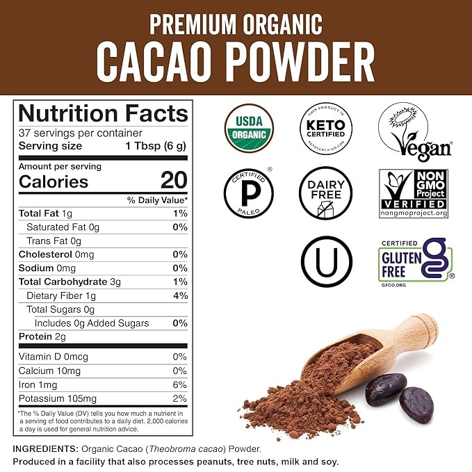 Organic Unsweetened Cacao Powder with Rich Dark Chocolate Flavor NEW