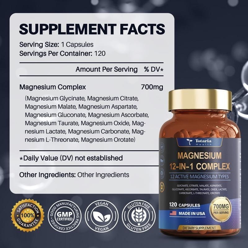 Totaria Health Magnesium 12-in-1 Complex – 700mg | 120 Capsules | Vegan,*Non-GMO