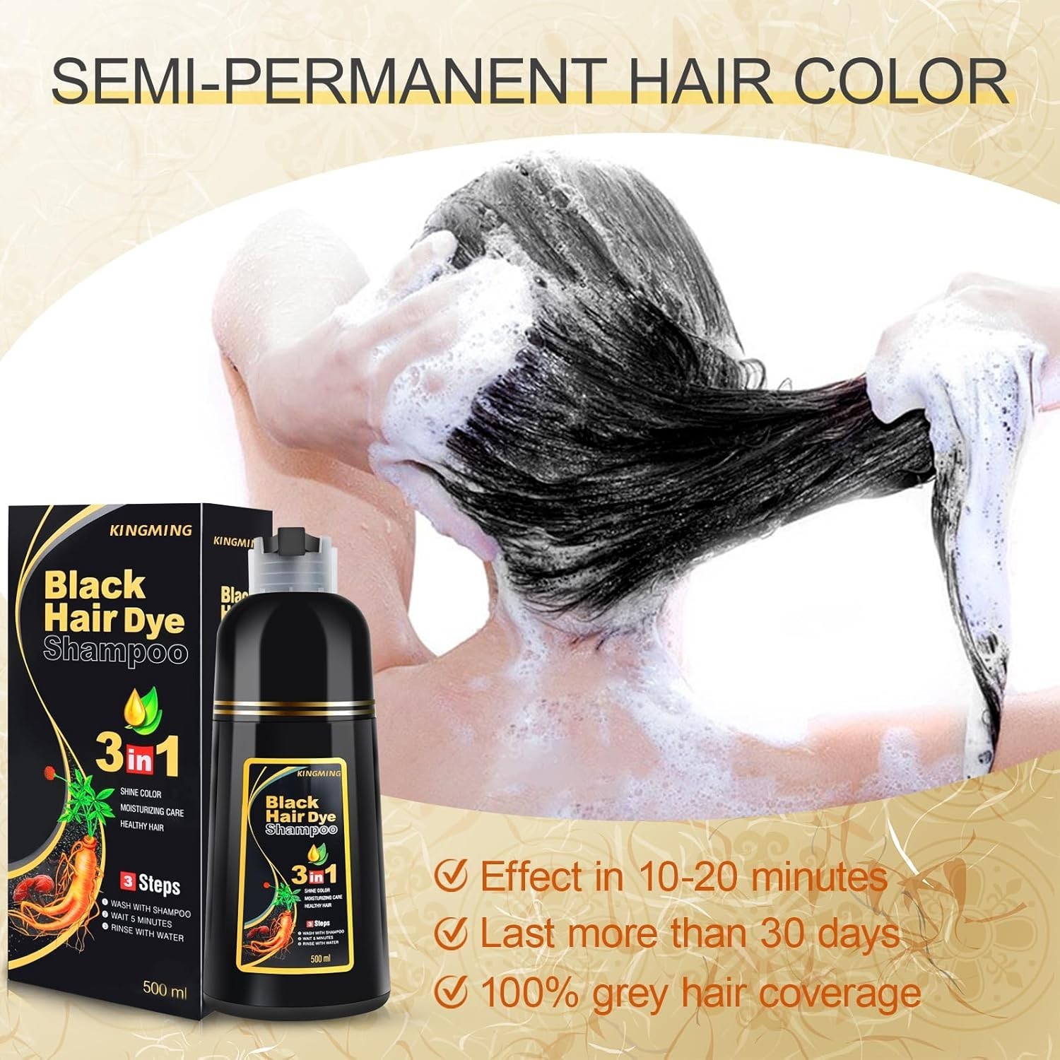 MEIDU Black Hair Dye Shampoo 3 in 1, Shampoo for Color Treated Hair 100% Gray