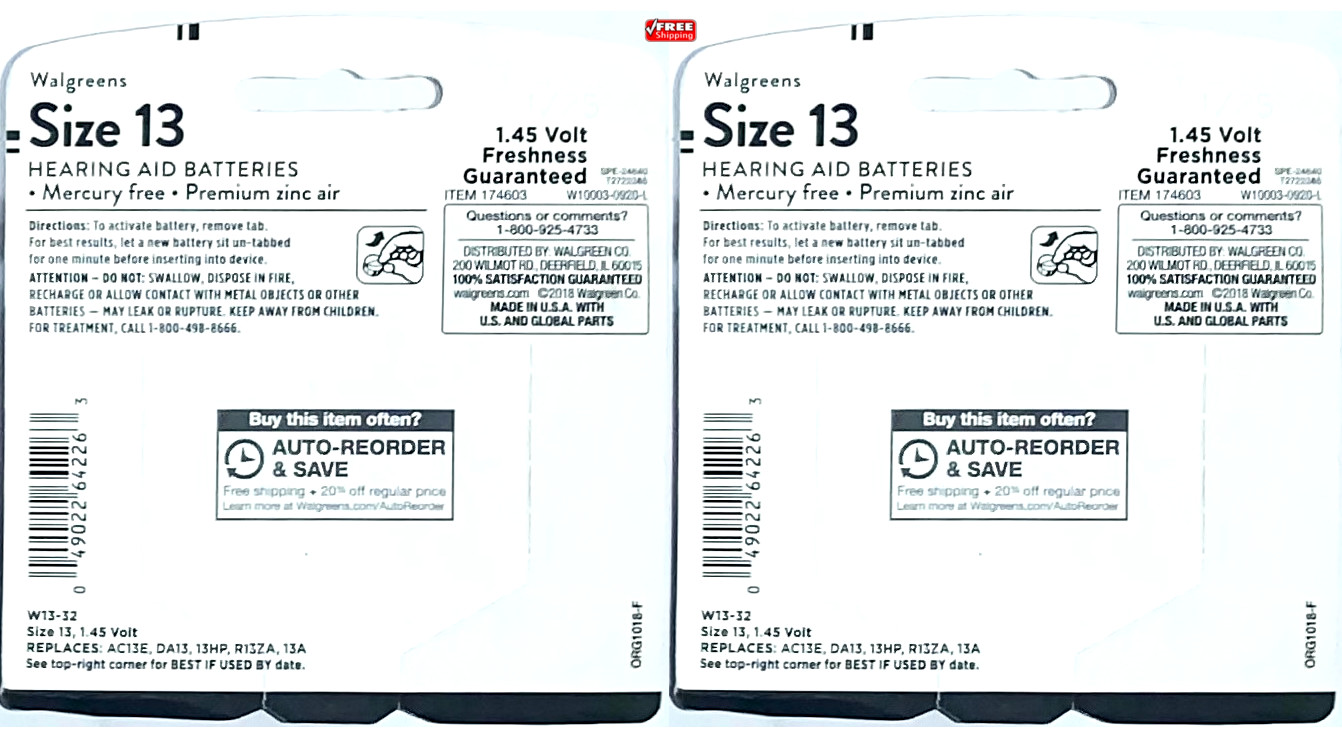 Walgreens Hearing Aid Size 13 Batteries-2 x 32 PACK=64 Batteries Best By 01/2025