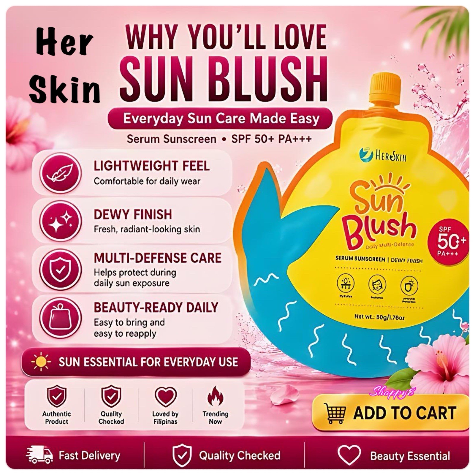 HerSkin Sun Blush Serum Sunscreen Dewy Finish SPF50 PA+++ (50g)