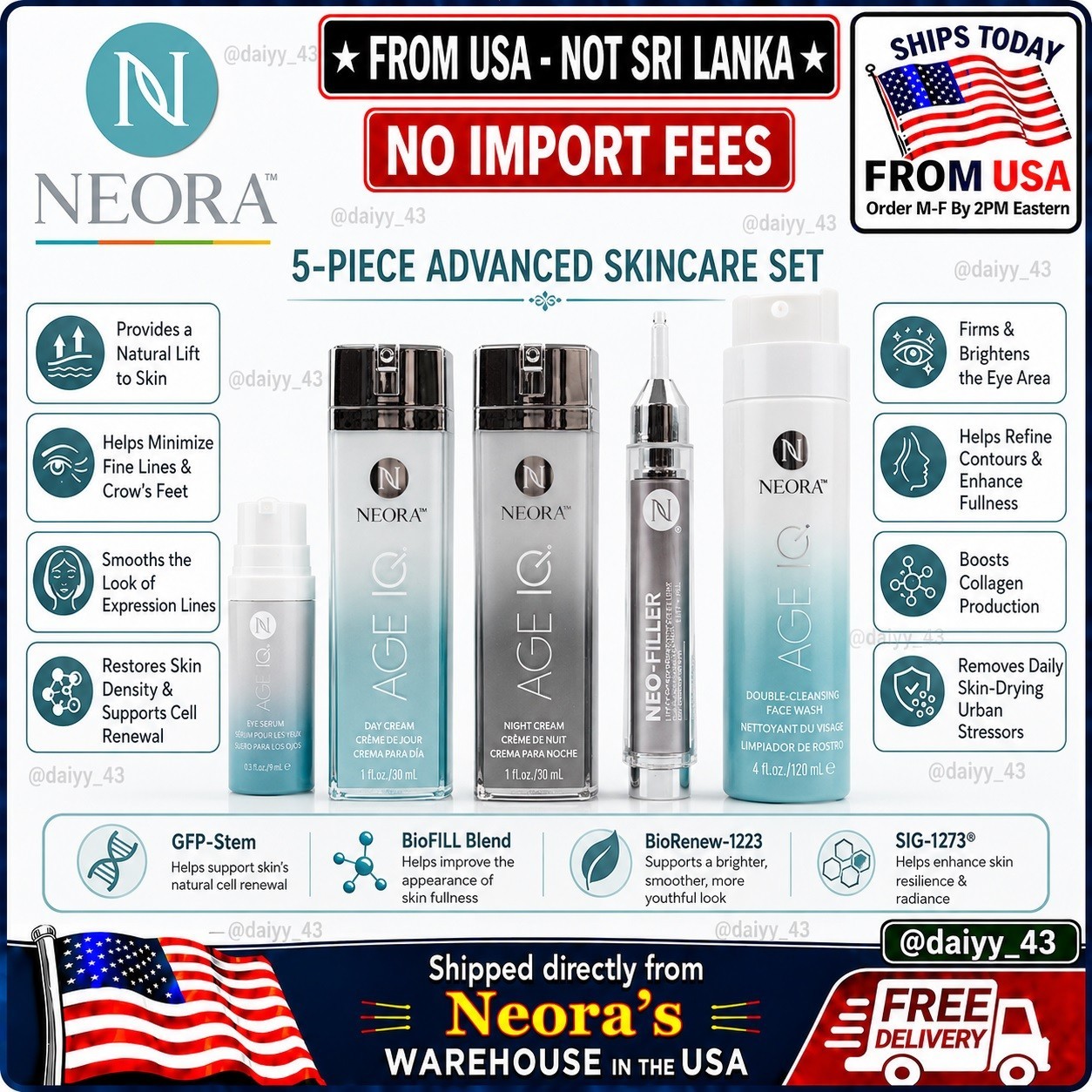Neora Advanced Skincare Set 5 Pc Face Wash Neo-FILLER Day Night Eye🚚From USA🚚