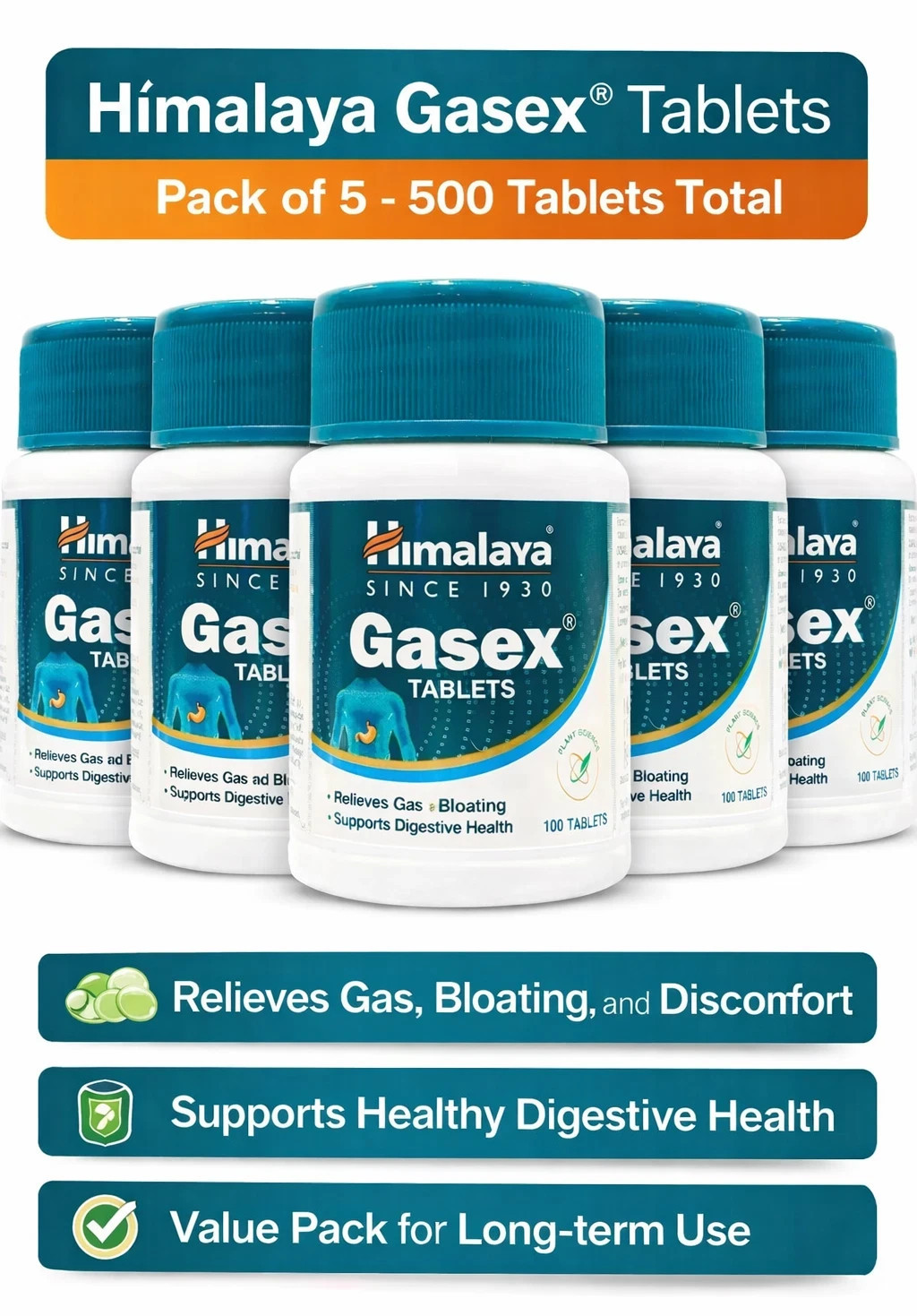 Himalaya Gasex 60 Tablets (Pack of 5x) Ayurvedic Herbal Wellness Formula