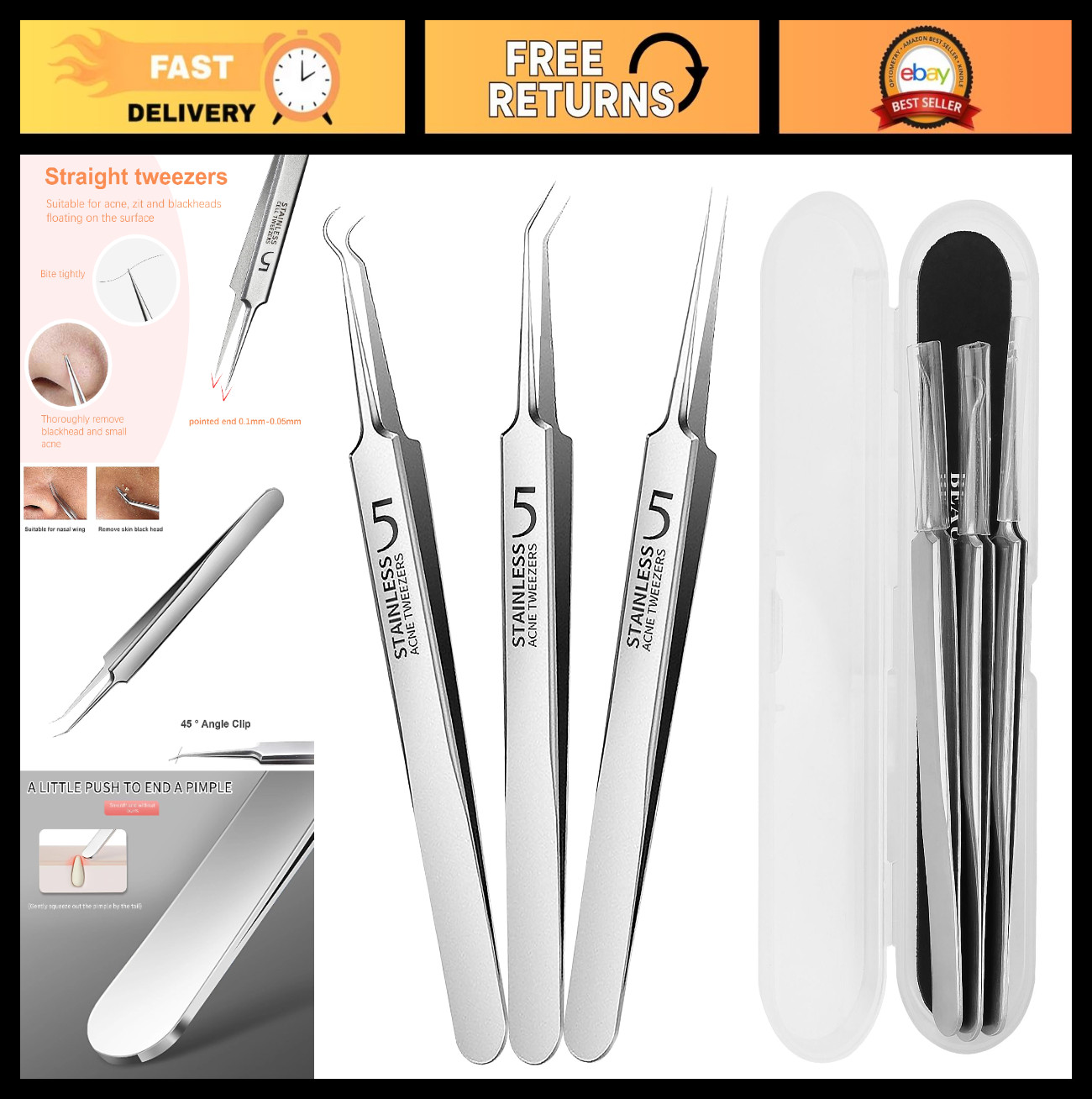 Professional Blackhead Tweezers Set – Stainless Steel Pimple Popper Tool Kit, Ex