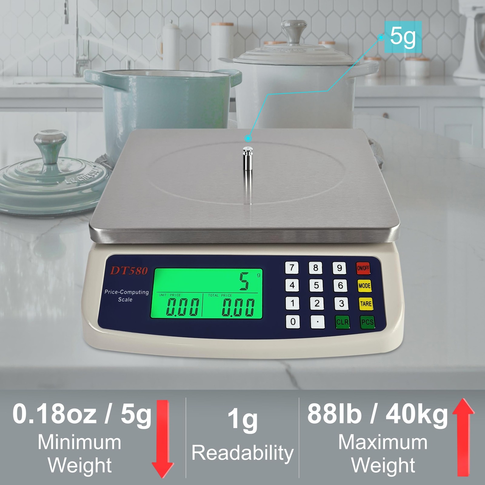 Eosphorus Commercial Weight-Price Scale 40kg / 1g, Letter Paper Size, White