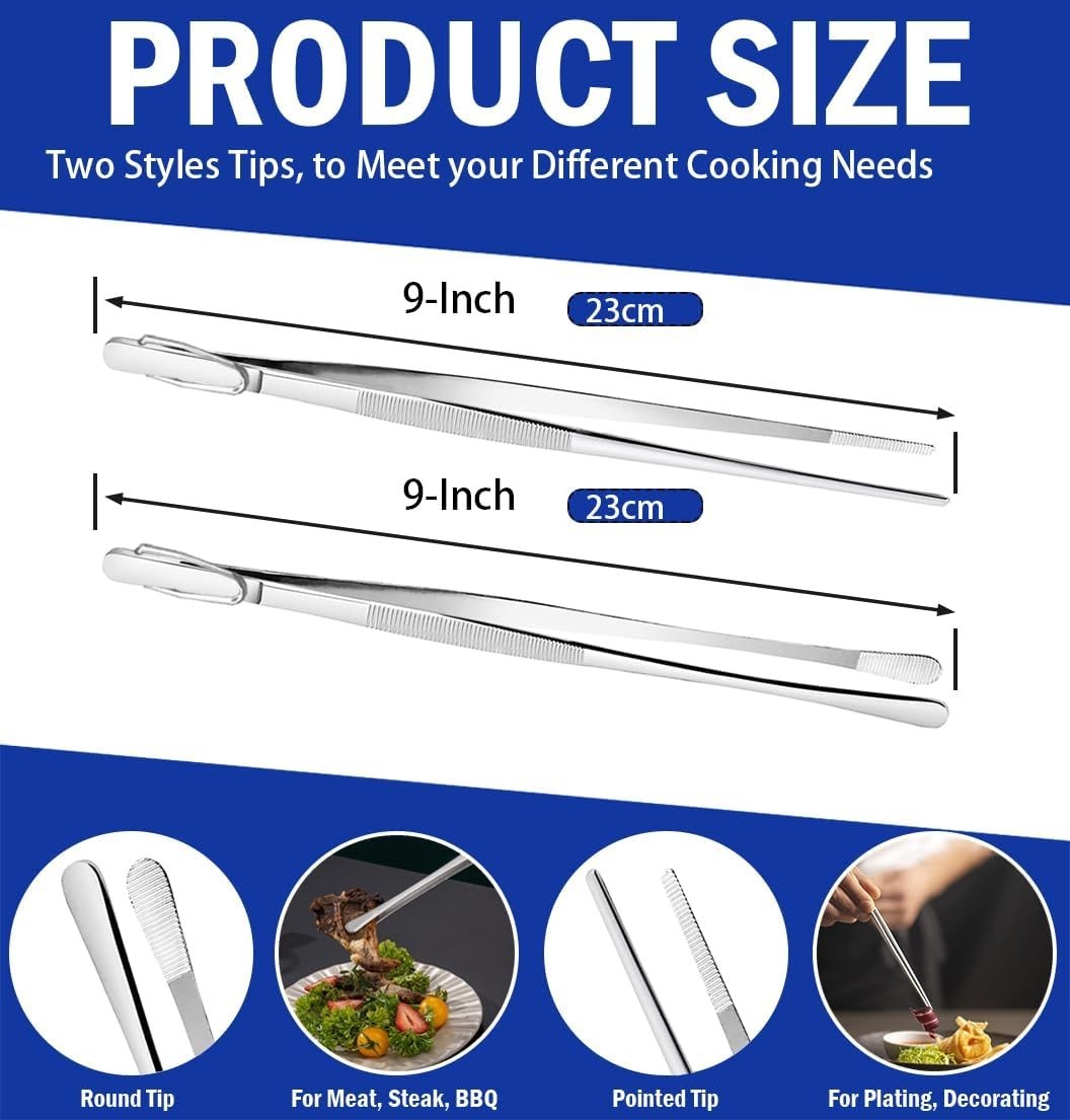 JETKONG 2 Pcs 9-Inch Kitchen Tweezers Cooking Tweezers Stainless Steel Tweezers