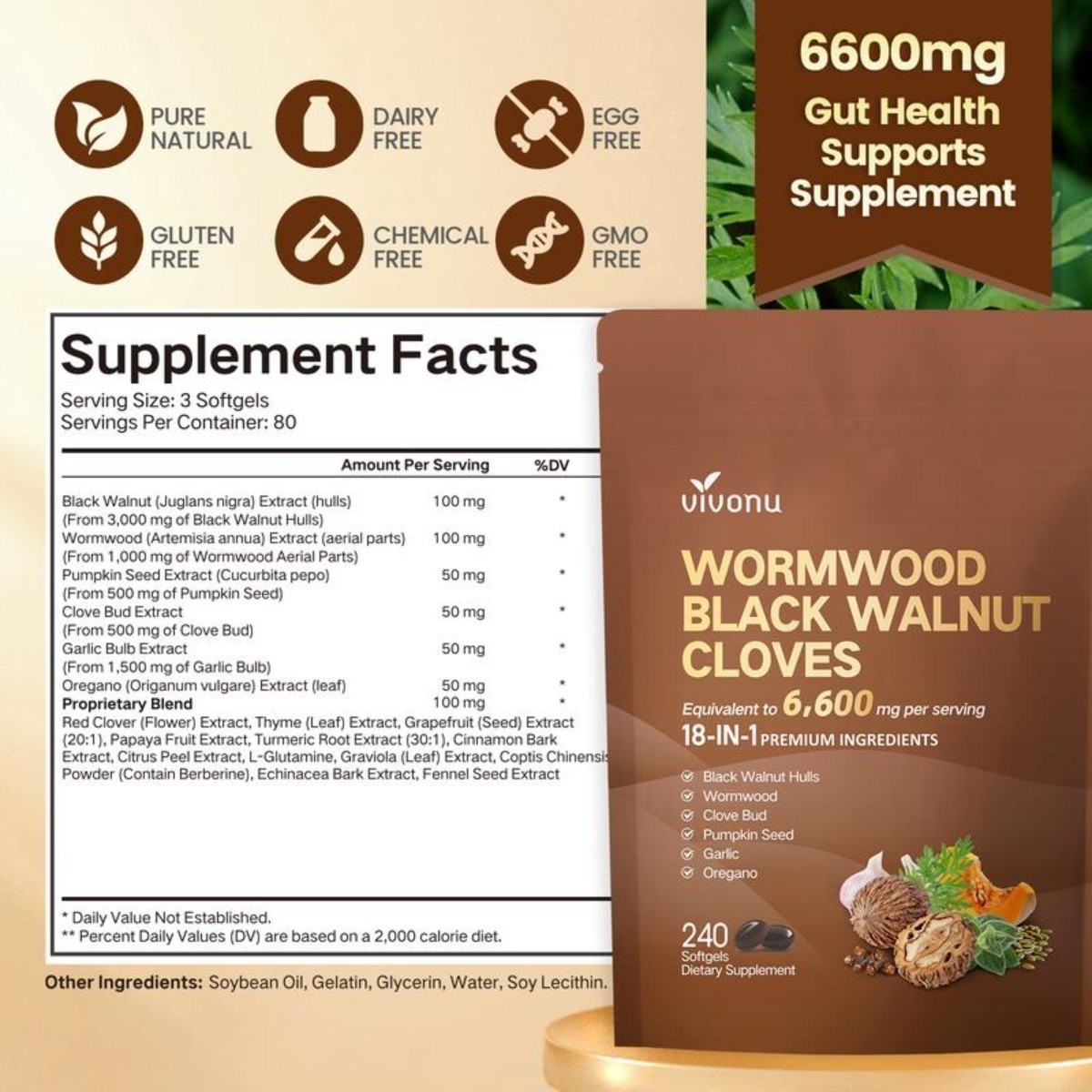 VivoNu Wormwood Black Walnut Cloves Capsules,Natural Cleanse&Metabolism Support
