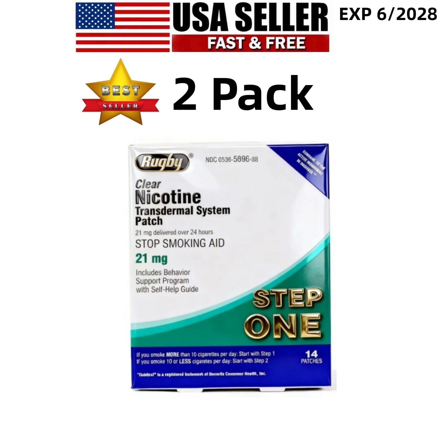 Rugby Clear Nicotine 21mg Transdermal System Patch Step Exp 06/2028-2 PACK