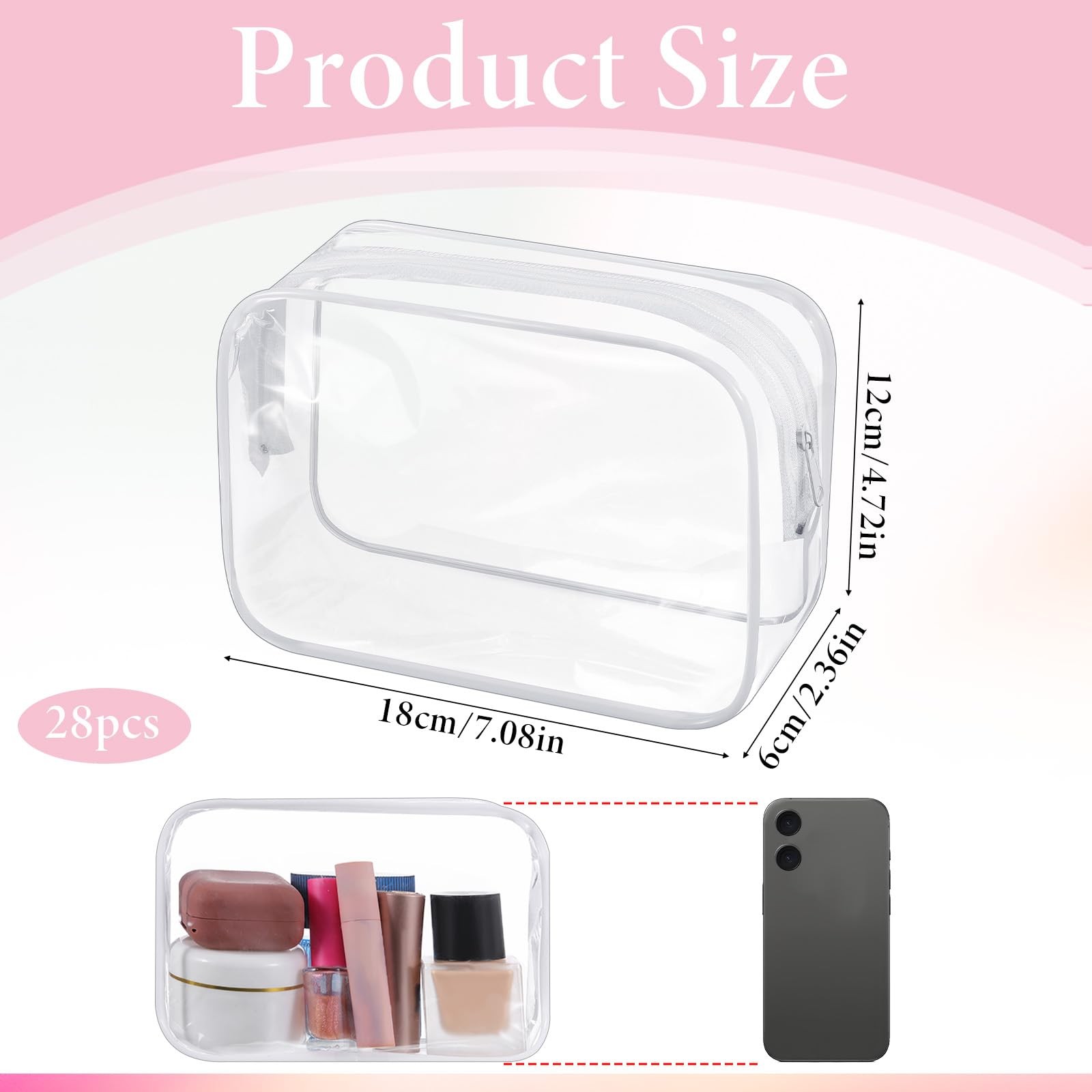 28 Pack Clear Cosmetic Bags Makeup Bulk, Portable 18*12*6cm,