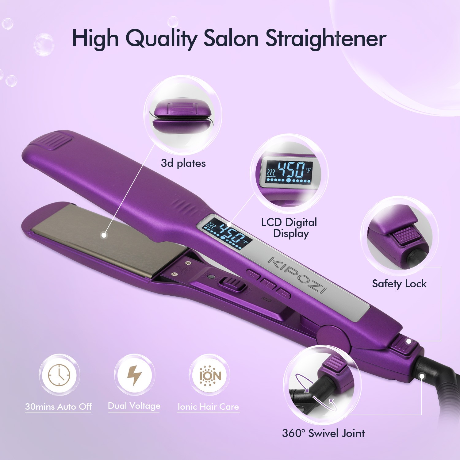 KIPOZI 1.75″ Salon Hair Straightener Titanium Flat Iron LCD Display Dual Voltage