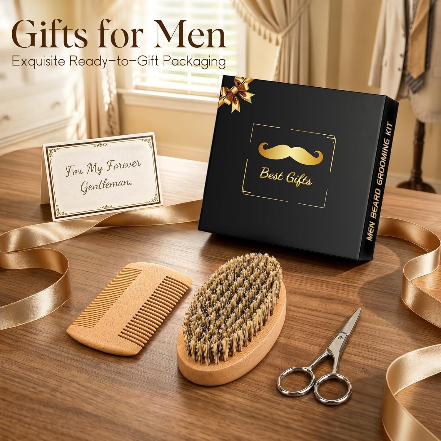 Beard Brush and Comb Set Natural Boar Bristle Grooming Kit for Men Dad Gift