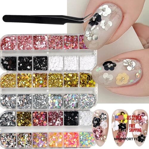Nail Glitter Set with Tweezers Colorful Round Dot Circular Design Sequins