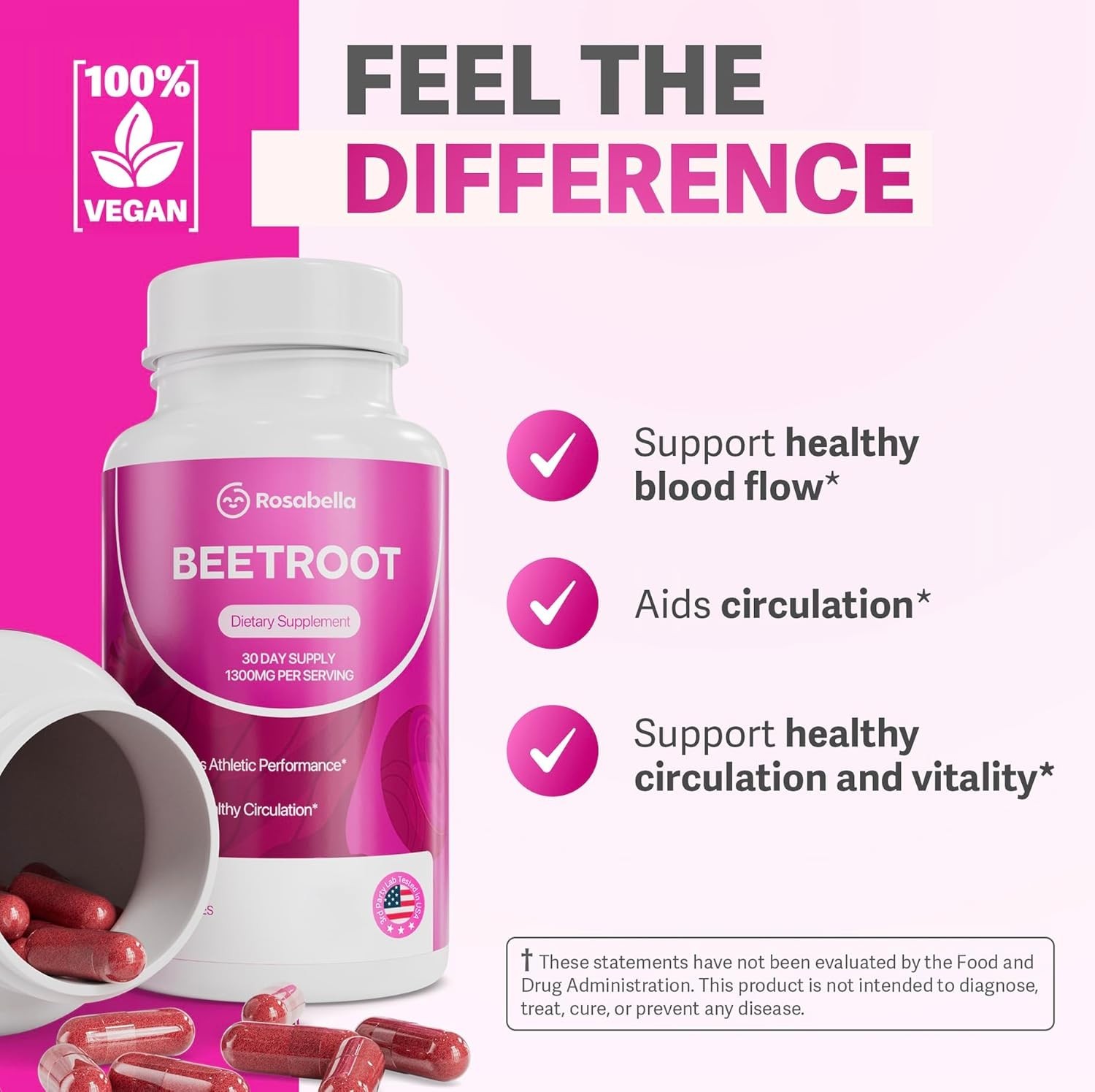 3Pack Rosabella Organic Beet Root 60 Capsules Natural Energy-Boost Blood Pressur
