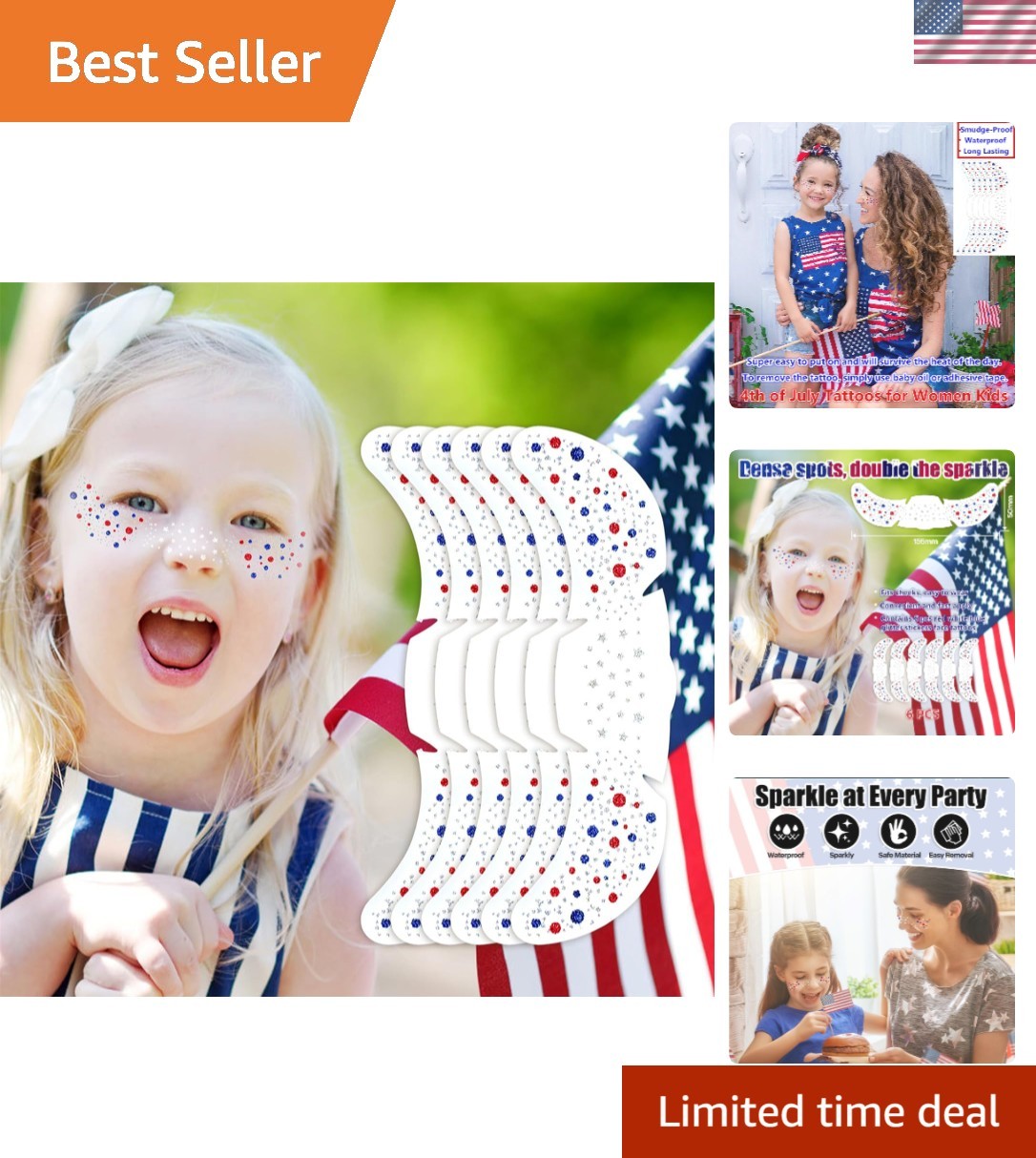 Easy to Apply Red, White & Blue Glitter Tattoos – Perfect 4th of July Accessory