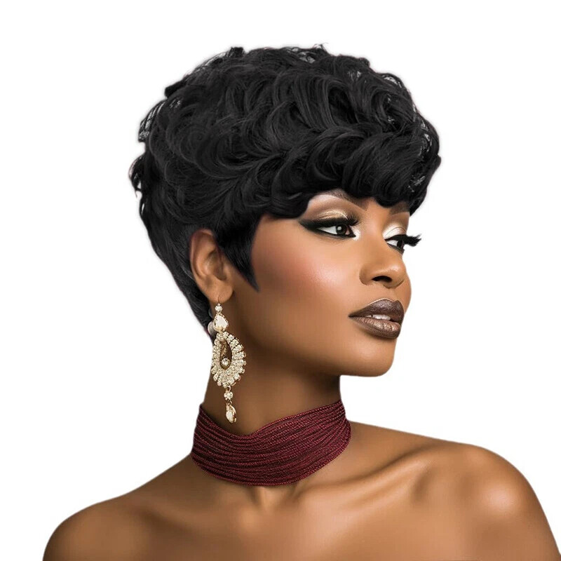Short Curly Layered Pixie Cut Wigs for Women Human Hair Wave Wigs None Lace USA